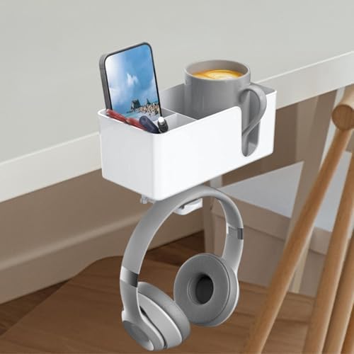 4 in 1 Desk Cup Holder Phone Pen Storage Box Hook Desktop Organizer for Headphones and Mugs, White - Image 4