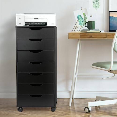 TUSY 7 Drawer File Cabinet with Wheels, Mobile Wood Storage Cabinet for Home Office, Rolling Drawer Organizer for Office Supplies, Printer Stand, Black - Image 4