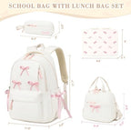 Backpack for Girls with Bento Box - 4PCS Bow Girls Backpack with Lunch Box, Pencil Case & Bento Box Set - 43oz Leakproof Lunch Box Kids Snack Containers Back to School Supplies (Beige Pink) - Image 2