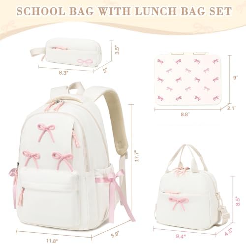 Backpack for Girls with Bento Box - 4PCS Bow Girls Backpack with Lunch Box, Pencil Case & Bento Box Set - 43oz Leakproof Lunch Box Kids Snack Containers Back to School Supplies (Beige Pink) - Image 2
