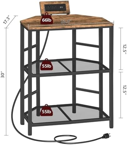 MAHANCRIS Corner Printer Stand with Charging Station, 3-Tier Large Printer Table with Adjustable Feet, Metal Frame Storage Shelf for Office, Living Room, Small Space, Rustic Brown PTHR14E01 - Image 4