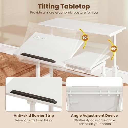 GIANTEX Mobile Standing Desk, Height Adjustable Stand Up Table with Wheels & Tilting Tabletop, Rolling Laptop Cart Computer Workstation for Standing or Sitting, Home Office Sit Stand Desk (White) - Image 6