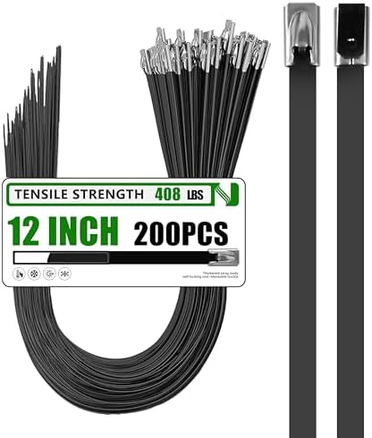 MasiStran Metal Zip Ties 200 Pack 12 Inch, 304 Stainless Steel 408LBS Heavy Duty Zip Ties Black - Self-Locking Cable Ties for Exhaust Wrap，Chain Link Fence Parts, Outdoor Farms,Pipes by MasiStranth