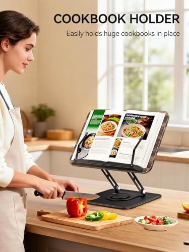 Tounee Book Stand, 360° Rotating Reading Book Holder, Adjustable Cookbook Holder for Reading Hands-Free, Foldable Desktop Recipe Book Stand with Protective Page Clips, Fits All Books - Black - Image 3