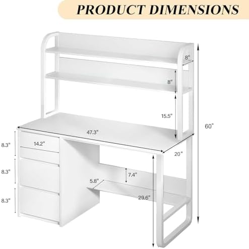 MaverickFurni White Desk with Hutch, 47 Inch Computer Desk with 3 Drawers for Bedroom, Study Writing Desk with Shelves for Small Spaces, Adjustable Feet - Image 2