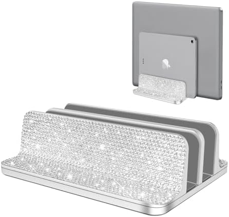 Bling Vertical Laptop Stand, Double Desktop Stand Holder with Adjustable Dock (Up to 17.3 inch),Compatible with All MacBook/Surface/Samsung/HP/Dell/Chrome Book (Silver Glitter Rhinestones) by Erolagomat