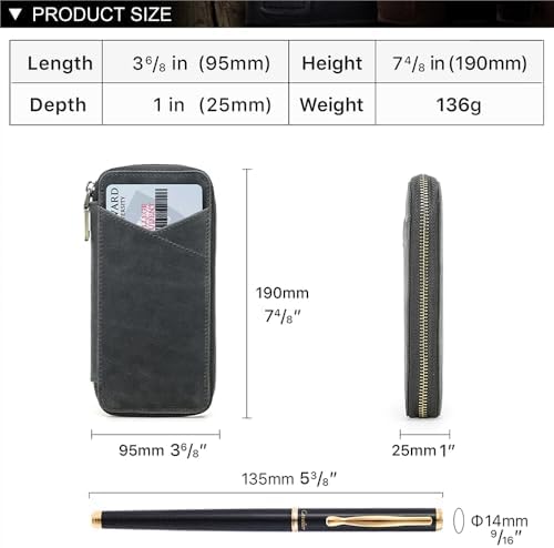 CONTACTS Full Grain Leather Pencil Case Handmade Vintage Zipper Pen Holder Pouch with Card Slot Pens Organizer Pockets Stationery Bag for Men and Women (Grey) - Image 5