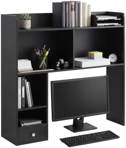 Cinnvoice White Desktop Bookshelf Countertop Storage Hutch with Drawer for Computer Desk 5-Tier Display Rack Multipurpose Wood Desktop Hutch Storage Organize for College Dorm Home Office Supply by QinYee