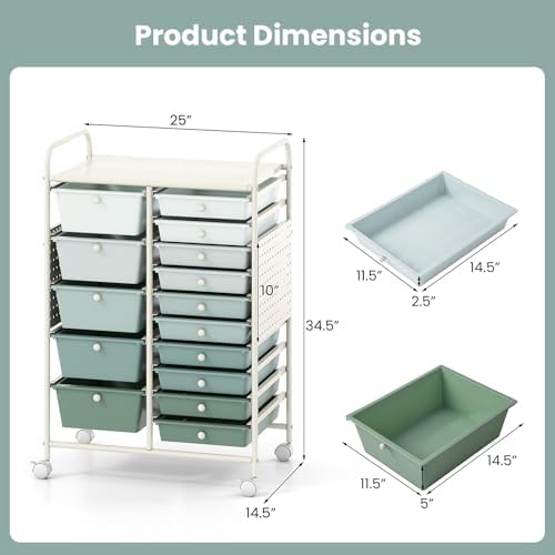 Giantex 15 Drawer Storage Cart, Rolling Craft Cart with Metal Tabletop & Pegboard, Mobile Utility Organizer Trolley with Locking Wheels, Home Office, Classroom, Teacher Supplies, Green Gradient - Image 3