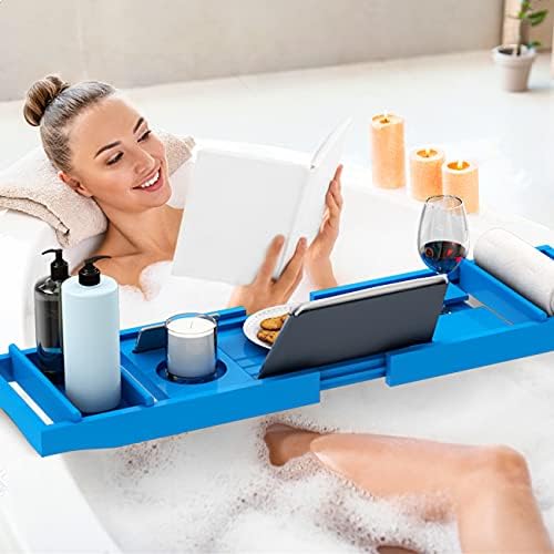 Domax Bamboo Bathtub Tray - Expandable Bath Caddy Tray for Tub, Blue - Image 4