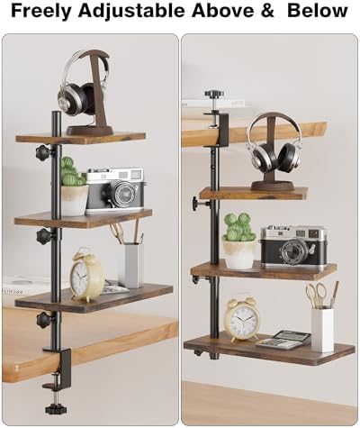 3 Tiers Clamp On Desk Shelf, 360° Angle Adjustable Desktop Shelf Organizer for Home Office Gaming Room, No Drill Desk Extender Adapt to 0.4-2.16 inches Table Thick, Black Brown - Image 7