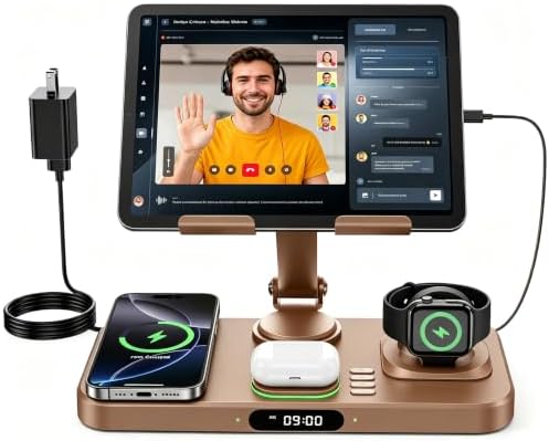6 in 1 Wireless Charger for Apple Multiple Devices, Charging Station with Clock &7 Color Ambient Light, Foldable Rotate Stand for iPad, for iPhone17/16/15, Support for Apple Watch11/10 For AirPods4 by keepyourlifemoreorganized