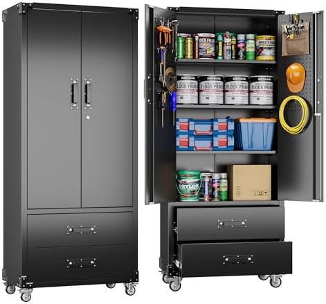 SUXXAN Rolling Storage Cabinet with 2 Doors and 2 Drawers, Heavy Duty Metal Storage Cabinet with Shelves, Locking Steel Cabinet for Warehouse, Home, Office (Black) by SUXXANFurniture