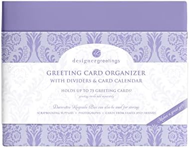 Designer Greetings Greeting Card Organizer Box with Dividers and Calendar, Decorative Lavender Damask Pattern (9.5” x 7.25” x 6”, Holds Up to 75 Greeting Cards), purple - large (711-00005-0000) - Image 2