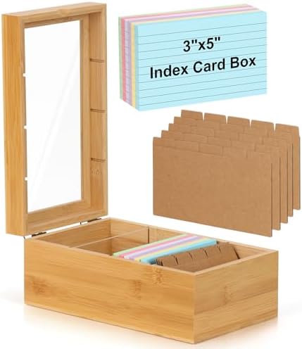 Bamboo Index Card Organizer - 3x5 Index Card Holder Box With Dividers - Wood Recipe Box With Lid - 4 Compartments For 1200 Cards - 5.9"W x 10"D x 4"H by DLUGOPIS