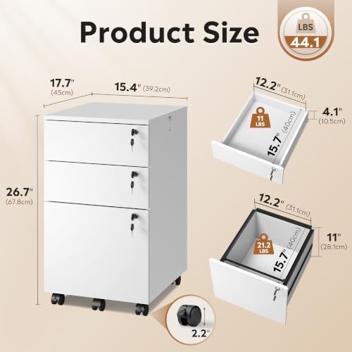 DEVAISE 3 Drawer Wood File Cabinet with Individual Locks, White - Image 2