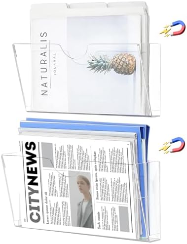 Qozary Clear Acrylic Magnetic File Holder - 2 Pack Magazine Rack for File Cabinets, Magnetic Mail Holder, File Organizer for Refrigerator, White Board, Office by Qozary