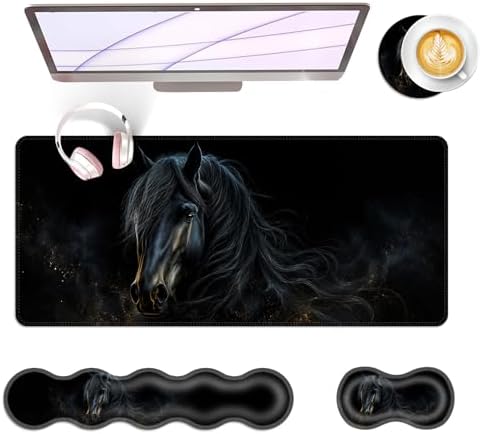 Large Keyboard Mouse Pad Set, Extended Mouse Pad+Keyboard Wrist Rest Support, Memory Foam Ergonomic Easy Typing, 4Pcs (31.5×11.8 in) Desk Pad Set for Office Home,Black Horse by Unknown