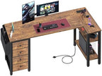 Lufeiya L Shaped Computer Desk with Drawers & Storage Shelves, 55 Inch Corner Desk with Power Outlet for Home Office Bedroom, L-Shaped Teen PC Gaming Desks with Fabric Drawer, Rustic Brown by LUFEIYA
