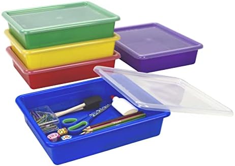 Storex Letter Size Flat Storage Tray – Organizer Bin with Non-Snap Lid for Classroom, Office and Home, Assorted Colors, 5-Pack (62534A05C) by Storex