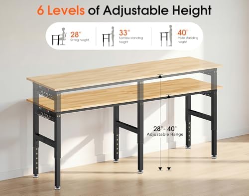 96” Heavy Duty Workbench, 5000 LBS Capacity Adjustable Work Bench with Pegboard and Power Outlet, Rubber Wood Work Table for Garage, Office, Workshop, Home - Image 3