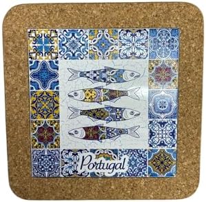 Portugal Azulejo Tiles, Ethnic Portugese Ceramic Tiles - Cork Trivets - Home & Wall Decorations (7.8 Inch - 20cm) (Portugal 4 Multi Sardine) by GOLDTON