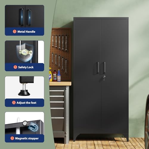 Yizosh Metal Garage Storage Cabinet with 2 Doors and 4 Adjustable Shelves - 71" Steel Lockable Filing Cabinet,Locking Tool Cabinets for Home,Office,Garage,Gym,School - Image 4