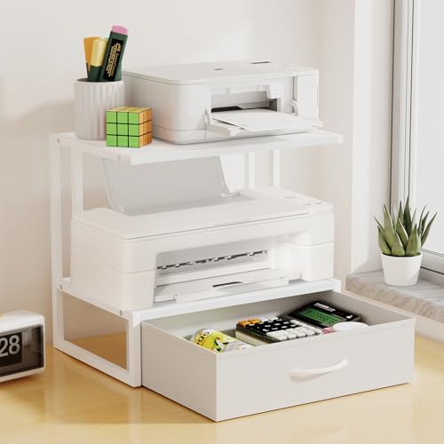 Printer Stand with Storage for Desk, with Fabric Drawer Desktop Printer Stand Shelf Organzier for Home Office, for Above and Under Desk Printer Table, Fax Machine Copier Scanner, White - Image 3