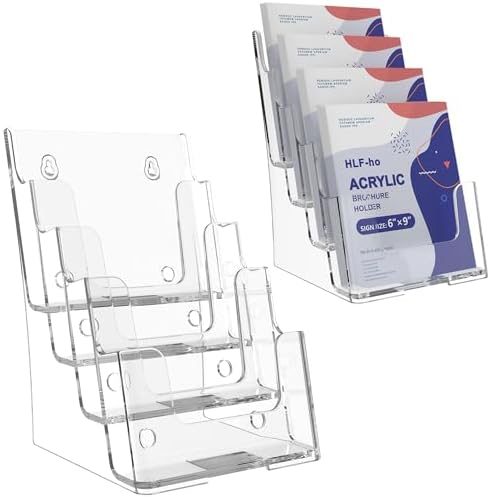 Brochure Holder 6x9 Inch 4 Tier Acrylic Literature Holders Clear Plastic Flyer Display Stand Countertop Use or Wall Mount Pamphlet Holder Organizer for Office, Lobby, Hotel, Trade Show, 2 Pack by HLF-ho