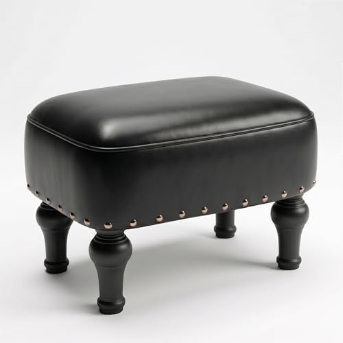 Cmishe Ottoman Leather Footrest,Vintage Footstool,Thickened Foam Upholstered Seat,Wooden Leg Foot Rest,Under Desk Shoe Bench Small Bench for Living Room Dining Room(Black) by Cmishe