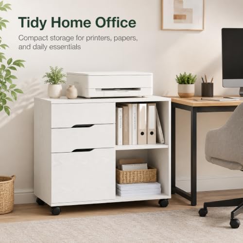 Simple Deluxe 3 Drawer Rolling File Cabinet, Wood Printer Stand with Adjustable Shelf for Home Office Study Organizatiom, White - Image 6