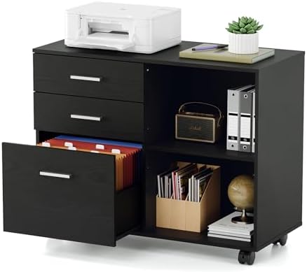 VINGLI 3 Drawer Wood Lateral File Cabinet with Adjustable Shelves & Locking Wheels, Printer Stand with Drawers for Letter Size Files, Sturdy Black File Cabinets for Home Office, Study & Business - Image 3