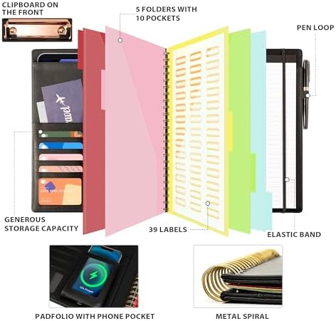 Ospelelf Clipboard with Storage for Men Women, Leather Padfolio Portfolio Organizer 5 Folders with 10 Pockets, Spiral Clipboard Folio with Notepad for Letter Size, Elastic Closure and Pen Loop Black - Image 3