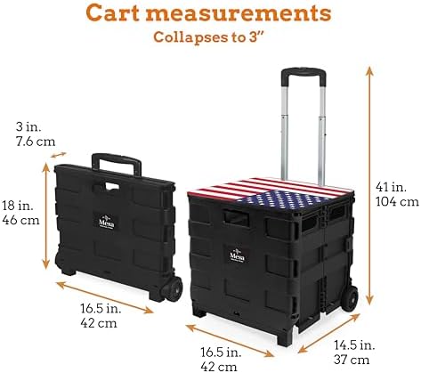 Inspired Living Collapsible Ultra-Slim Pack-N-Roll,2 Wheel Utility Cart w/Lid Used as Seat up to 250 Lbs, Telescopic Handle, Super Strong, for Home,Garden,Shopping,Office,School, Large, American Flag - Image 5