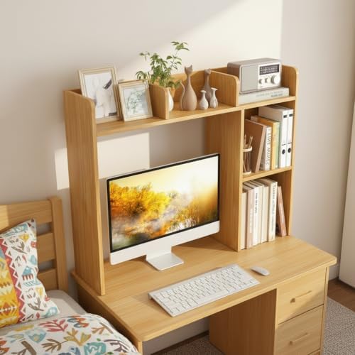 Tangkula Desktop Bookshelf, Countertop Storage Hutch with Shelves for Computer Desk, Desk 3-Tier Display Rack, Multipurpose Wood Desktop Hutch Storage Organizer for Dorm Office - Image 4