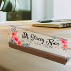 Artblox Personalized Office Desk Name Plate and Business Card Holder | Clear Acrylic Glass with Teak Wood Stand | Mixed Flowers Design Customized with Your Name and Credentials Office Desk Decor - Image 2