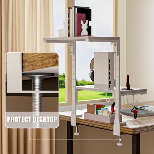 2-Tier Clamp On Desk Shelf, Clamp on Desk Shelf, 13 inch Adjustable Above or Under Wood Desk Storage Shelves, Heavy Duty Desktop Organizer for Working and Gaming Accessories, White - Image 6