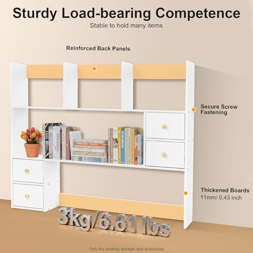 White Desk Hutch, Desktop Bookshelf Multi-Functional Desktop Organizer Wooden Desk Shelves 3 Tire Desk Storage Shelf for Home Office (White) - Image 3