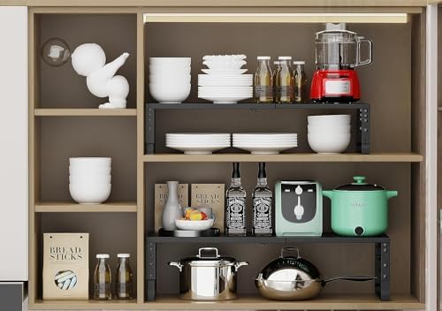 Jojocross Expandable Cabinet Shelf Organizer Storage Spice Rack Shelves for Kitchen Stackable Adjustable Pantry Cupboard Bathroom Countertop Desktop(2Packs/Black/Large-with Hole) - Image 4