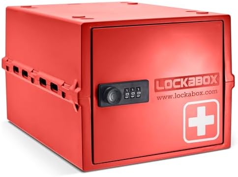 Lockabox One™ | Premium Medicine Lock Box | Medium Medication Lock Box With Code For Medicines, Vitamins & Supplements | External Size 12 x 8 x 6.6 inches (Medi Red) by Lockabox