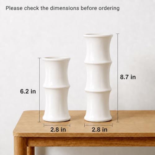 White Ceramic Bamboo-Inspired Flower Vase Set of 2, Modern Home Décor - Image 2