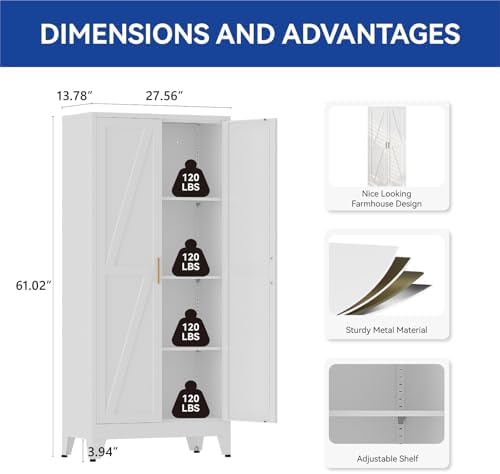 COFaR 61'' Tall Metal Storage Cabinet, Farmhouse Kitchen Pantry Cabinet with Doors and 3 Adjustable Shelves, White Metal Cabinets for Kitchen, Bathroom, Laundry, Garage, 4-Tier - Image 2