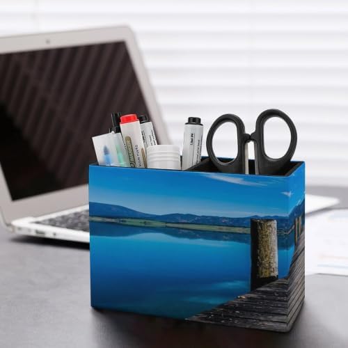 PU Leather Multi-Compartment Pen Holder Desktop Organizer Pencil Cup Storage Caddy for Office Home Supplies Wooden Pier Jetty On Lake Serene Mountain And Clear Sky Reflection - Image 5