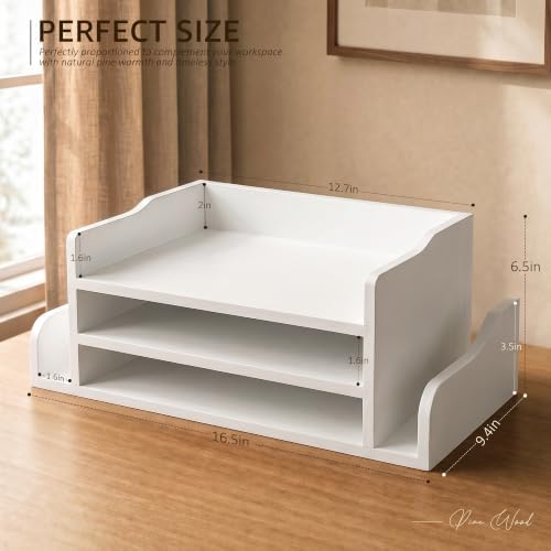 Wood Desk Organizer: File Organizer with 3-Tier Shelf for Office Desk,White - Image 2