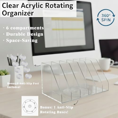 LIYAOLI Rotating Acrylic Book Organizer, 360° Spinning 6 Compartments Desktop Magazine File Holder, Vertical Storage for Books, Binders, Notebooks & Magazines, Clear Desk Organizer for Home Office - Image 3