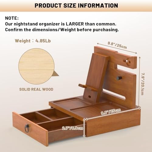 Wood Phone Docking Station, Nightstand Organizer with Drawer - Image 3