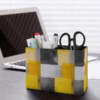 Pens Holder, Pencils Holder for Desk Organizer, Abstract Art Gray Yellow Plaid PU Leather Pencil Cups Desktop Stationery Storage Makeup Brush Holder Pens Organizer for Office Home - Image 5