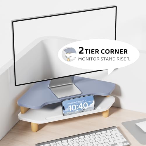 AFOOYO Monitor Stand Riser,2 Tier Corner Wood Sturdy 16.5In Computer Stand, Multi-Purpose Desktop Storage Stand for Laptop,PC,iMac,Printer,Computer,Blue - Image 2