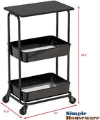 Simple Houseware 2-Tier Rolling Utility Cart Wood Top/Lockable Wheel, Black - Image 3