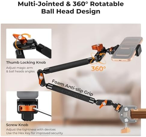 K&F CONCEPT 22" Magic Arm, Overhead Desk Camera Arm Mount, Long Articulating Friction Boom Arm for Phone, Action Camera, LED Light, Microphone - Image 4